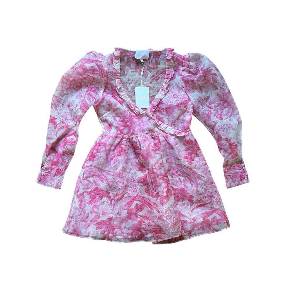 Selkie Macaron Dress in Babydoll Toile Floral Faux Wrap Romantic, Size Large
